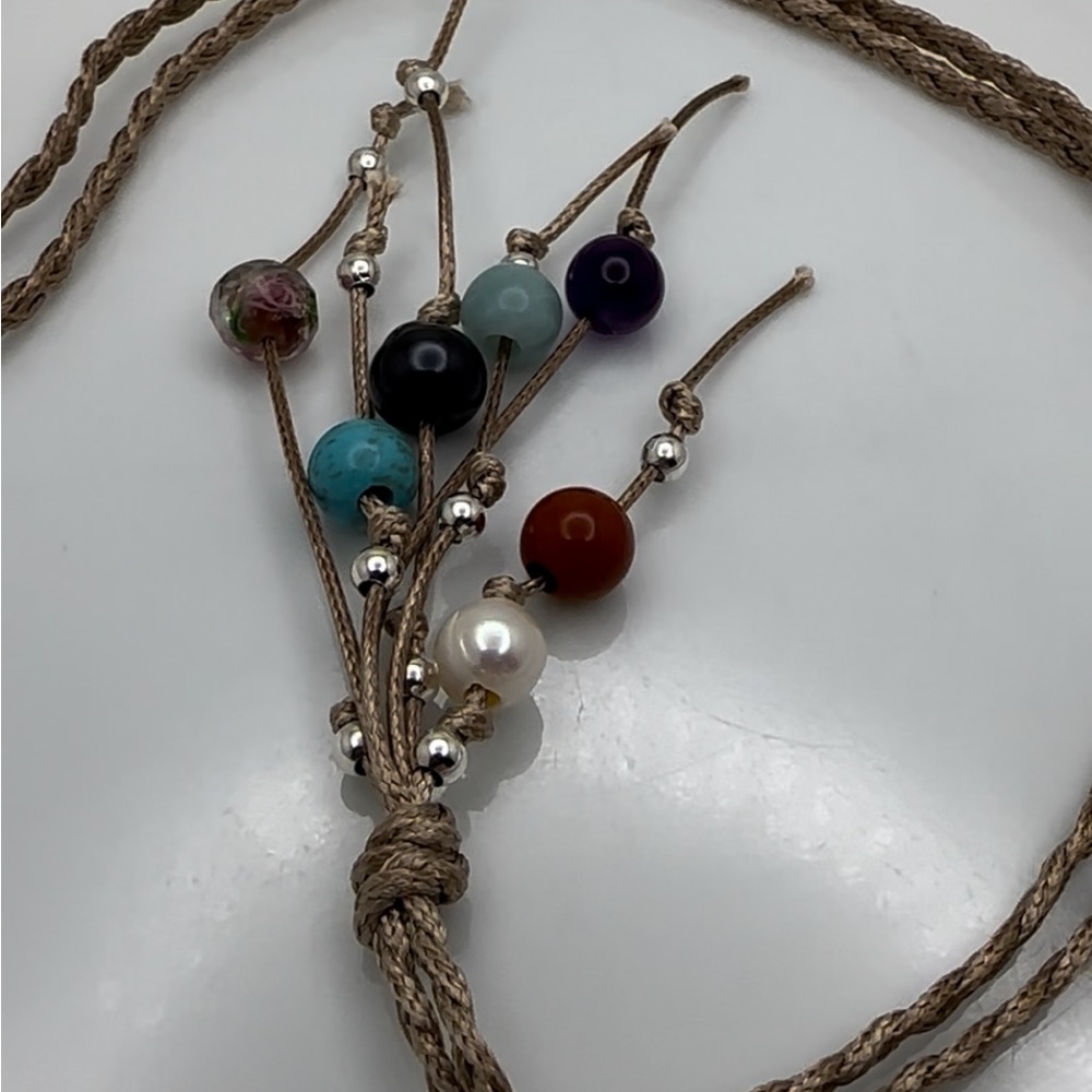 ARTISAN Gemstones and Pearls Braided Tan Cord Tassel Necklace 23 1/2” long - Picture 13 of 14